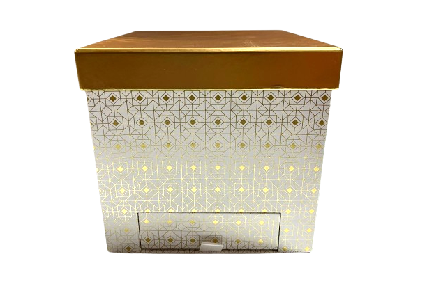 קופסה מרובעת בצבע לבן זהב עם מגירה